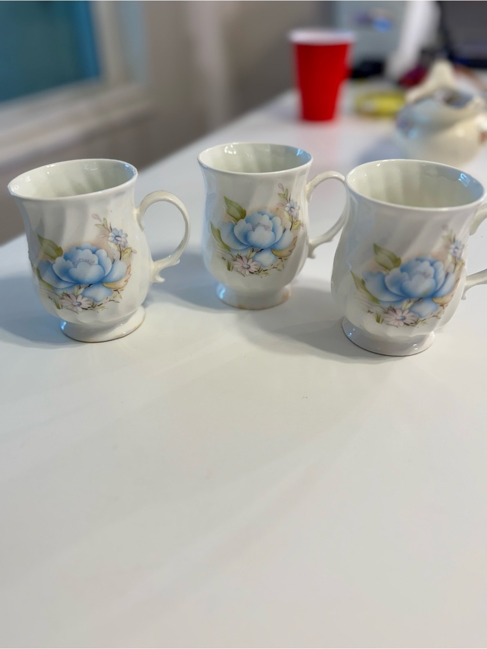 Blue Floral Porcelain Mugs - Set of 3